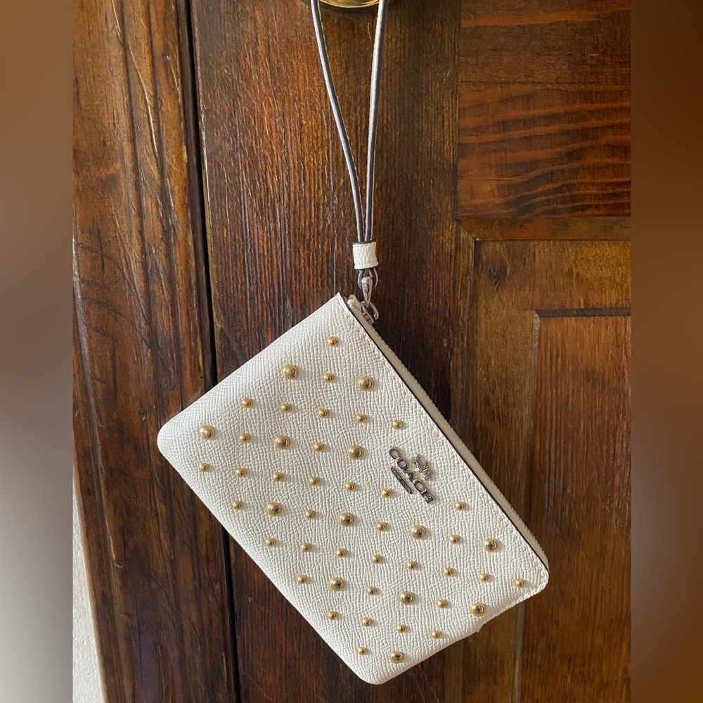 Coach Chalk Pebble Leather Studded Wristlet